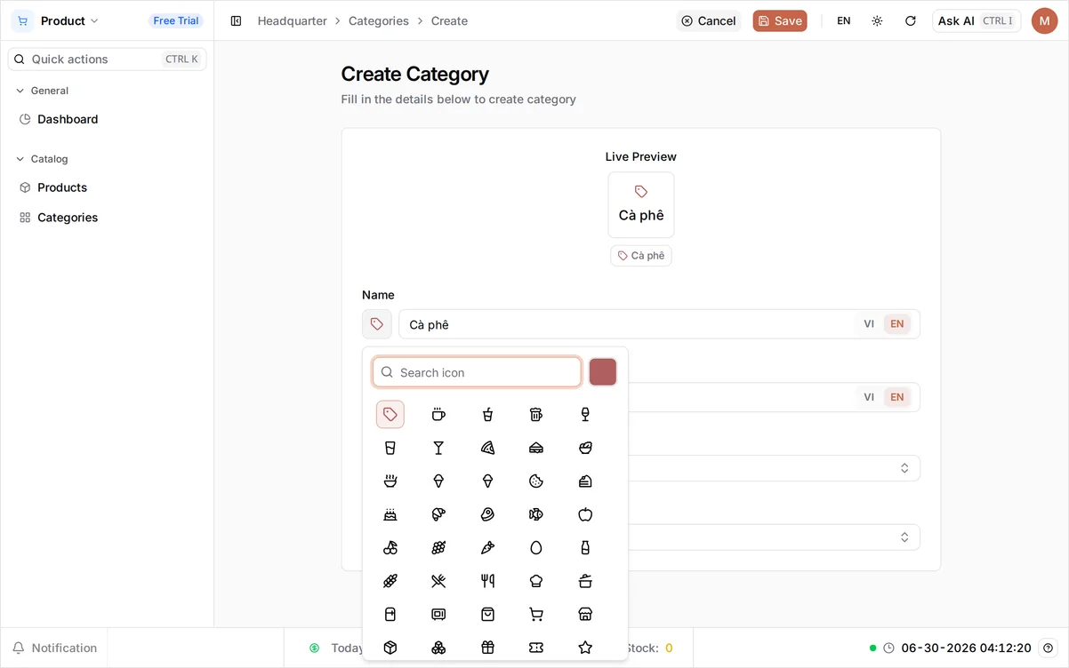 The Create Category form for Cà phê with the icon picker open, showing a grid of suggested food and drink icons and a Search icon field