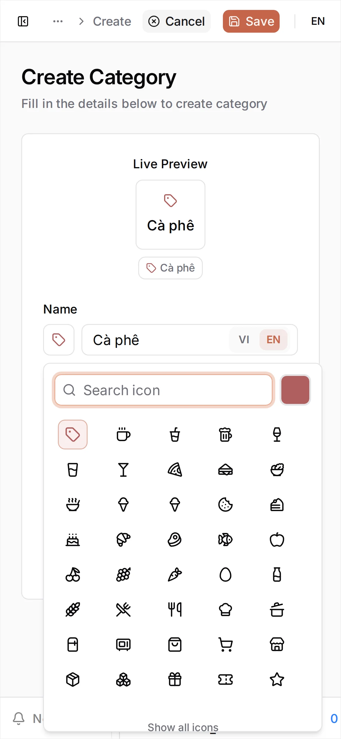 The Create Category form for Cà phê with the icon picker open, showing a grid of suggested food and drink icons and a Search icon field