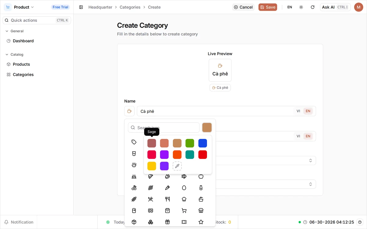 The icon picker's color palette open — a row of color swatches — with the coffee icon chosen for Cà phê and the live preview updating