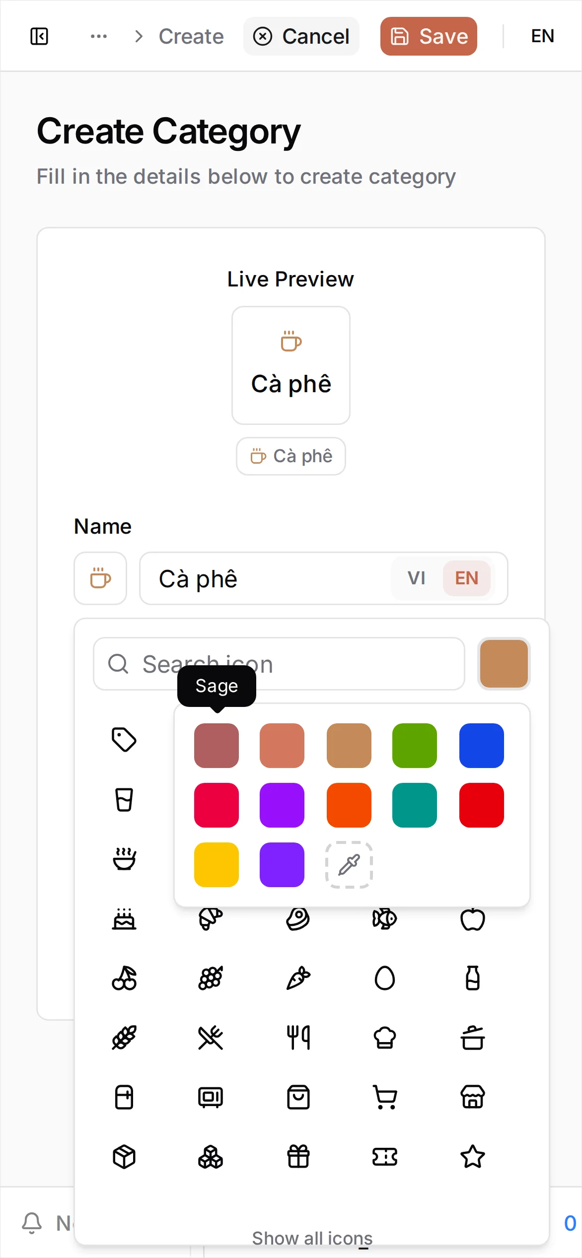 The icon picker's color palette open — a row of color swatches — with the coffee icon chosen for Cà phê and the live preview updating