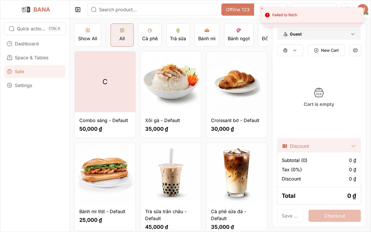 The BANA Sale order screen with the category tabs across the top, each showing its colored icon next to the name