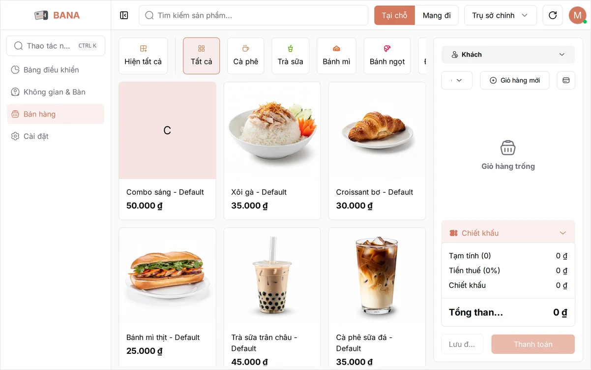 Màn hình bán hàng BANA Sale với hàng tab danh mục phía trên, mỗi tab hiển thị biểu tượng có màu cạnh tên