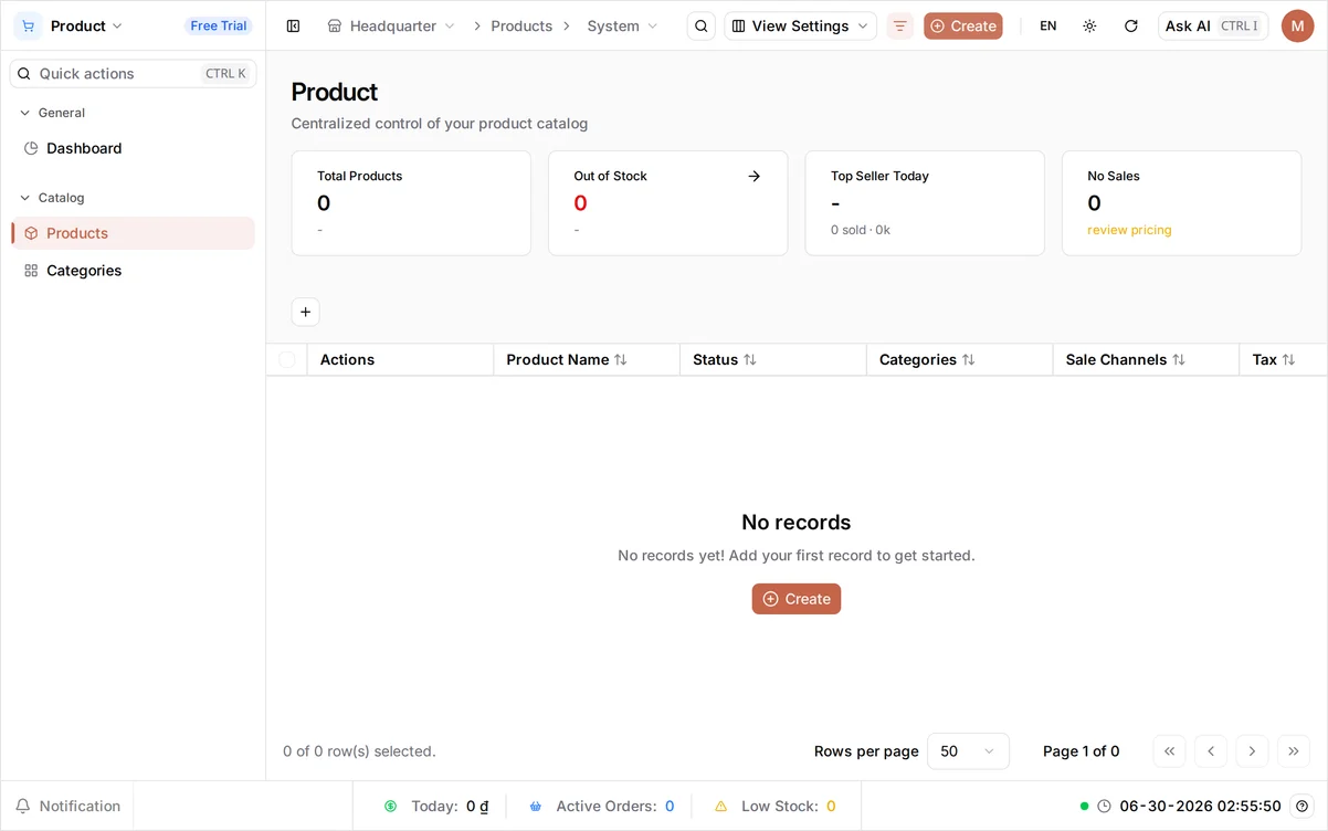 The Products page under Catalog in the sidebar, with an empty list and a Create button in the top bar