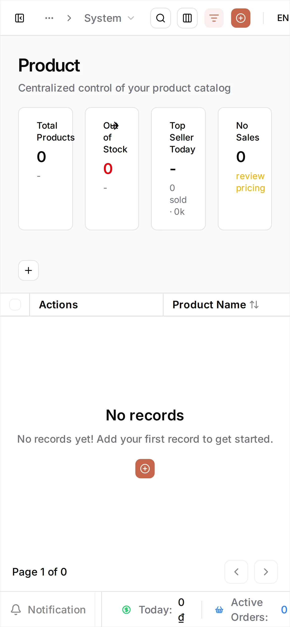The Products page under Catalog in the sidebar, with an empty list and a Create button in the top bar