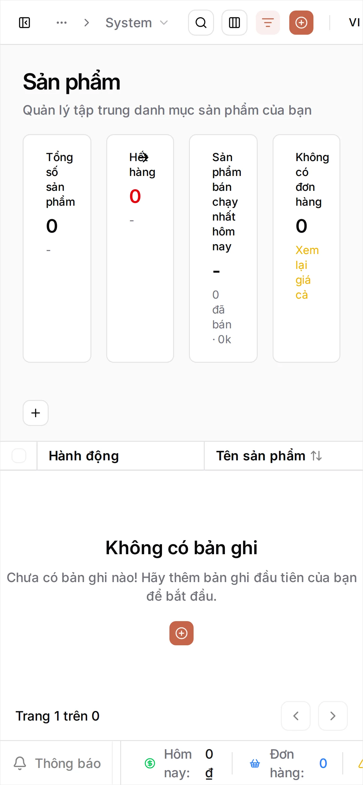 Trang Sản phẩm trong thanh bên, với danh sách trống và nút Tạo mới ở thanh trên
