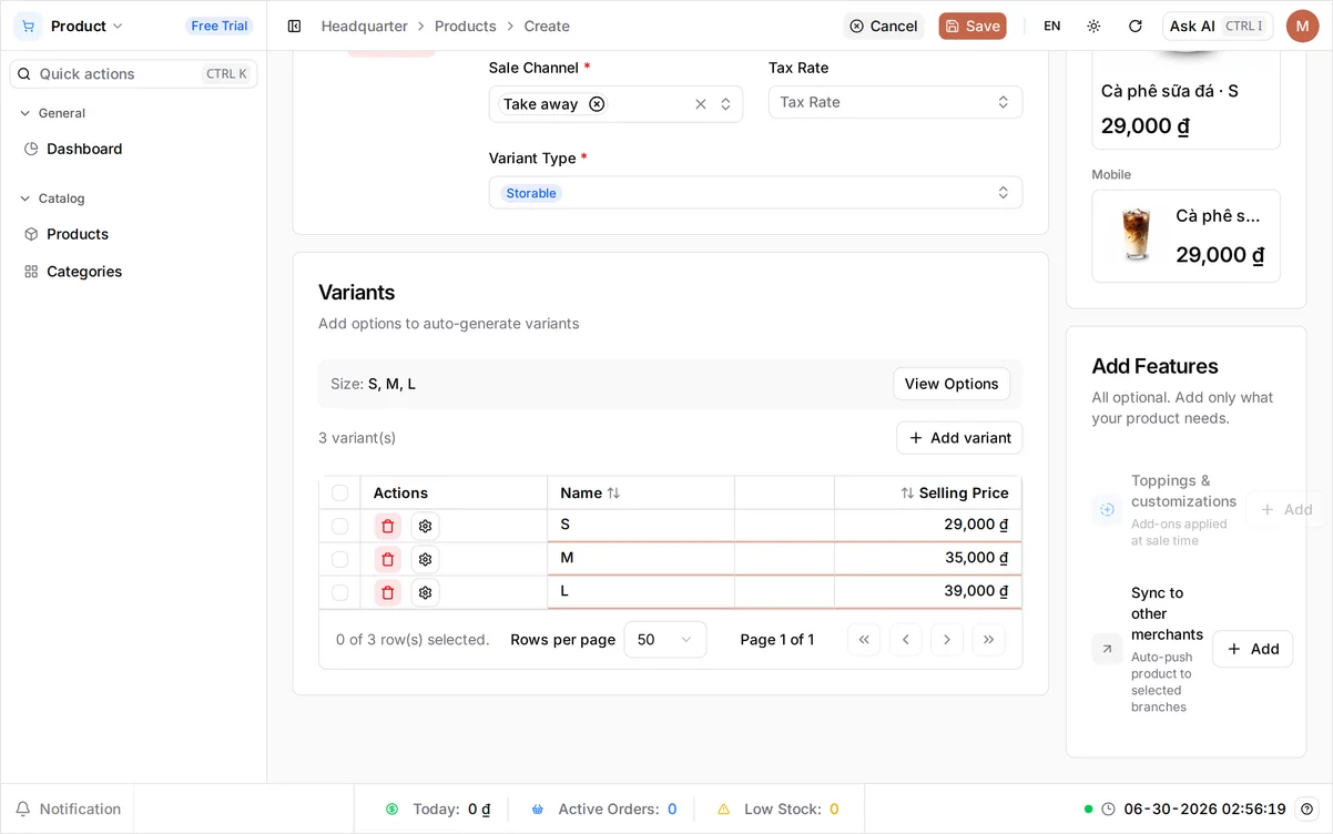 The Variants section with an option named Size holding values S, M, and L, and the three generated variant rows priced 29,000, 35,000, and 39,000