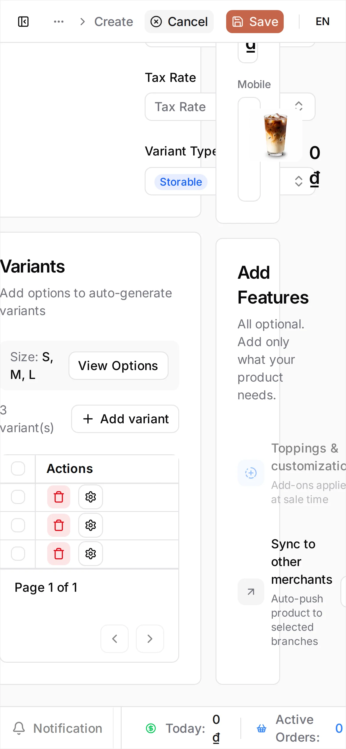 The Variants section with an option named Size holding values S, M, and L, and the three generated variant rows priced 29,000, 35,000, and 39,000