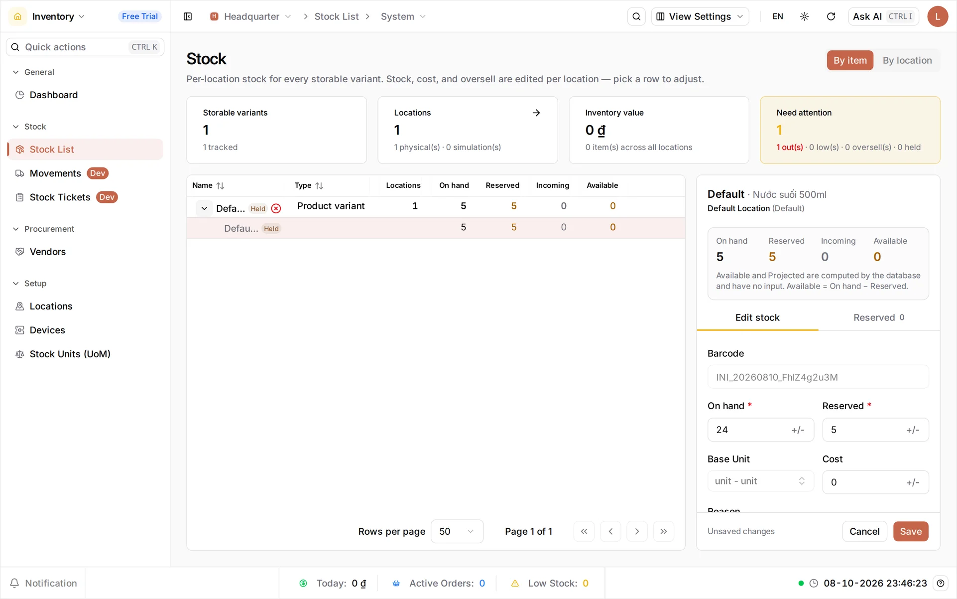 The Edit Stock panel with On hand changed to 24, a Reason field below it holding 'Delivery', and the Save button active with an 'Unsaved changes' marker