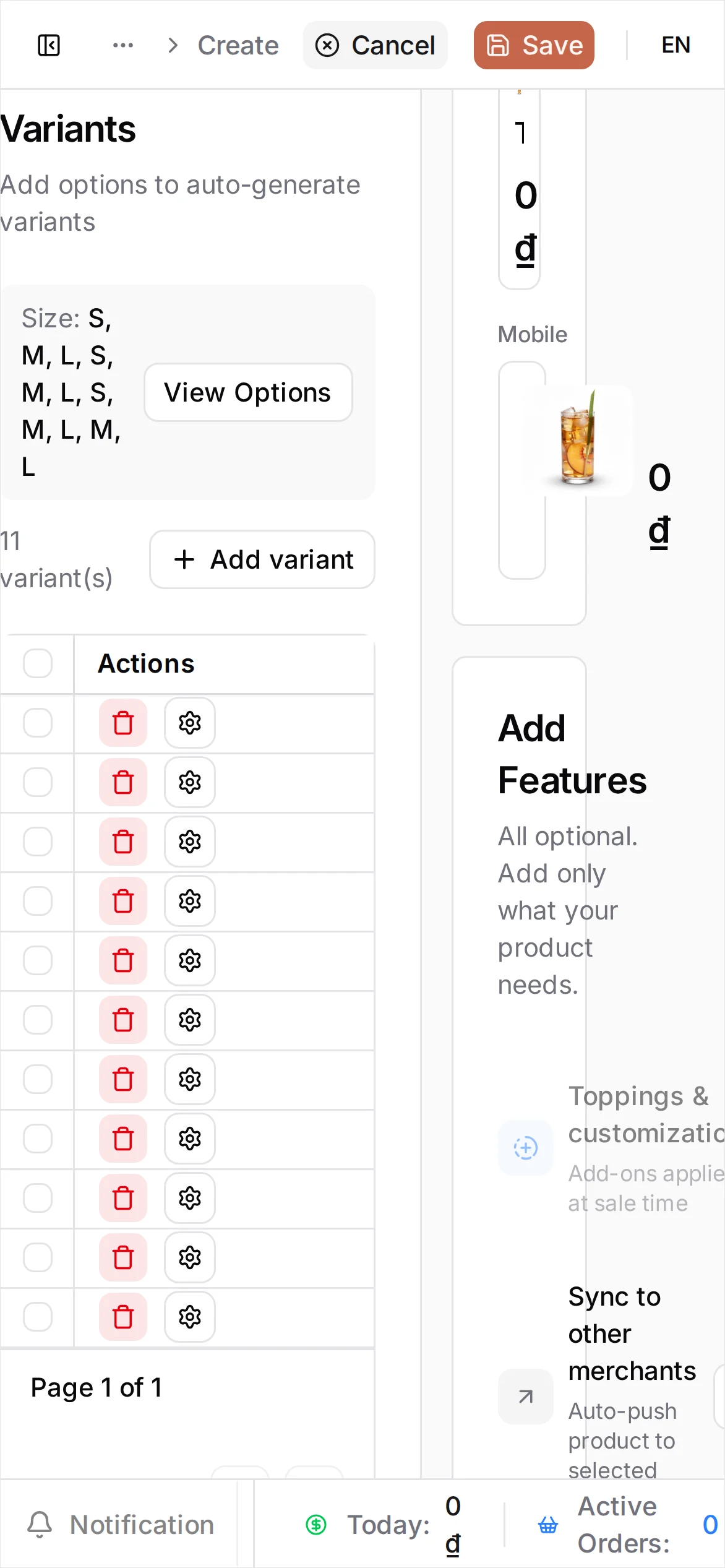 The Create Product form for Trà đào cam sả, with a Size option holding M and L, the two generated variant rows priced 39,000 and 45,000, and the drink's photo in the POS Live Preview