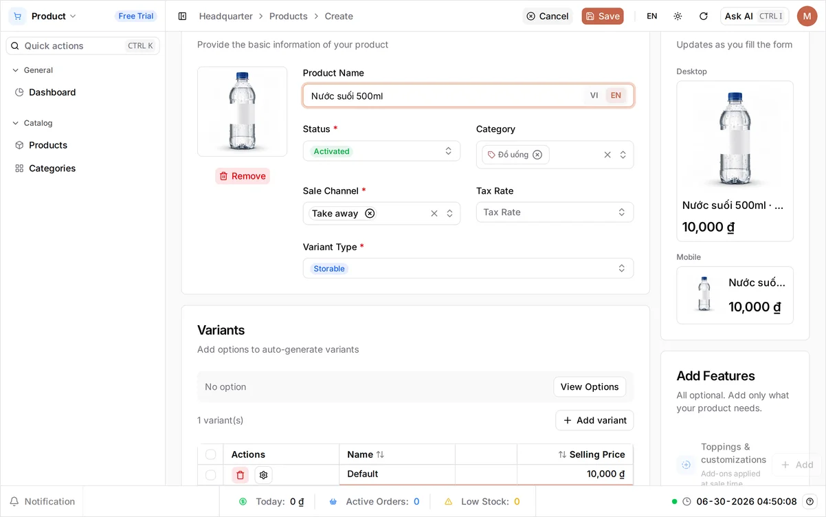 The Create Product form for Nước suối 500ml in the Đồ uống category, with no sizes, a single price of 10,000, and a POS Live Preview on the right