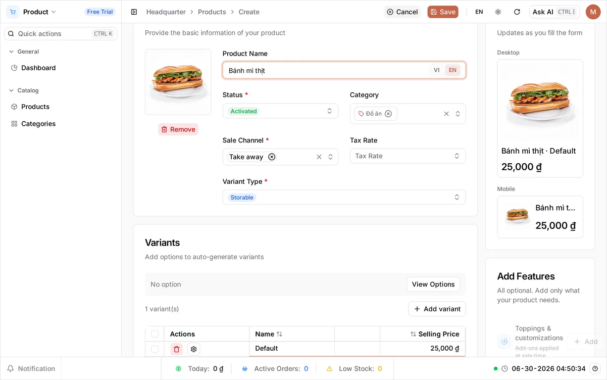The Create Product form for Bánh mì thịt in the Đồ ăn category, with a single price of 25,000 and its photo in the POS Live Preview