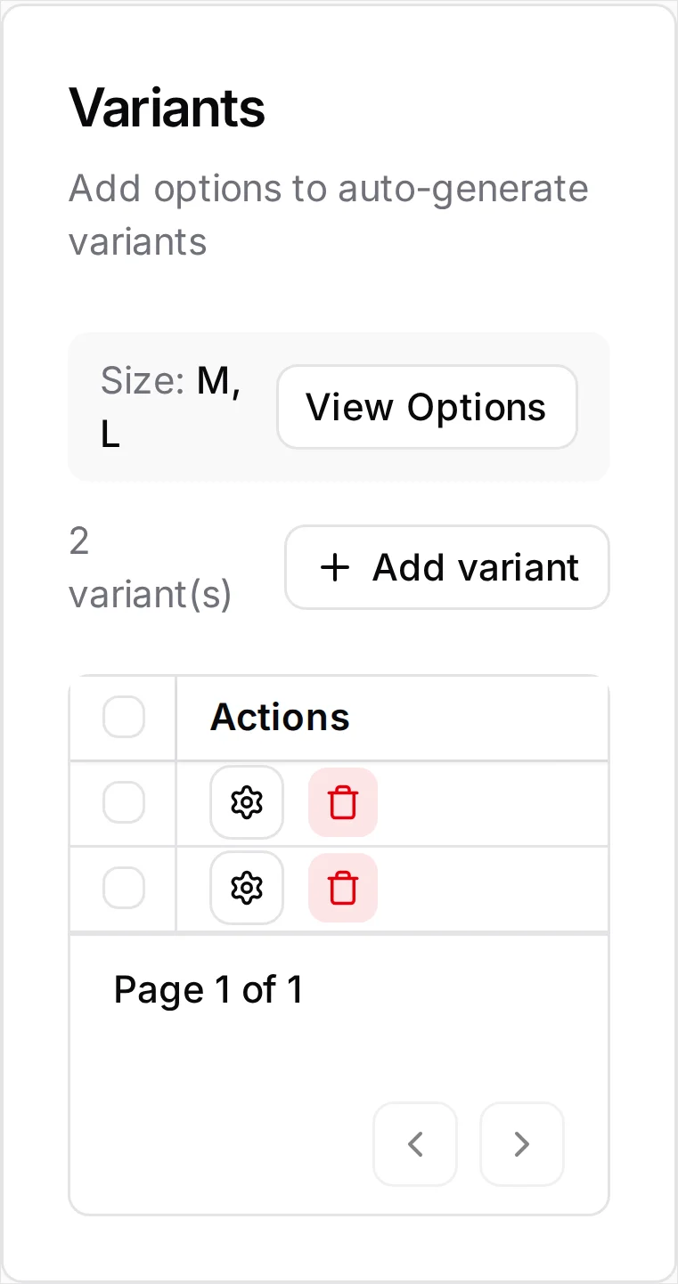 The same Variants section at phone width: the grid crops to its Actions column, so the Allow Oversell tickboxes sit off-screen entirely