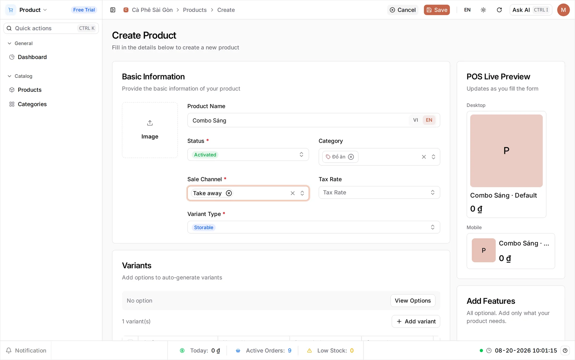 The Create Product form: Basic Information with Product Name 'Combo Sáng' filled on both sides of the VI/EN toggle and EN showing, Status Activated, Category Đồ ăn, Sale Channel Take away, an empty Tax Rate and Variant Type still Storable, beside a POS Live Preview card reading Combo Sáng · Default at 0 đ