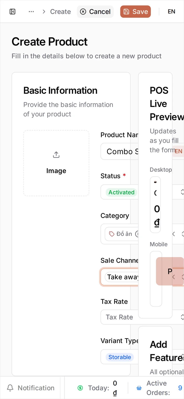 The same form at phone width: it keeps its desktop two-column layout, so the POS Live Preview panel sits over the right-hand side of Basic Information and clips the Product Name and Sale Channel values mid-word