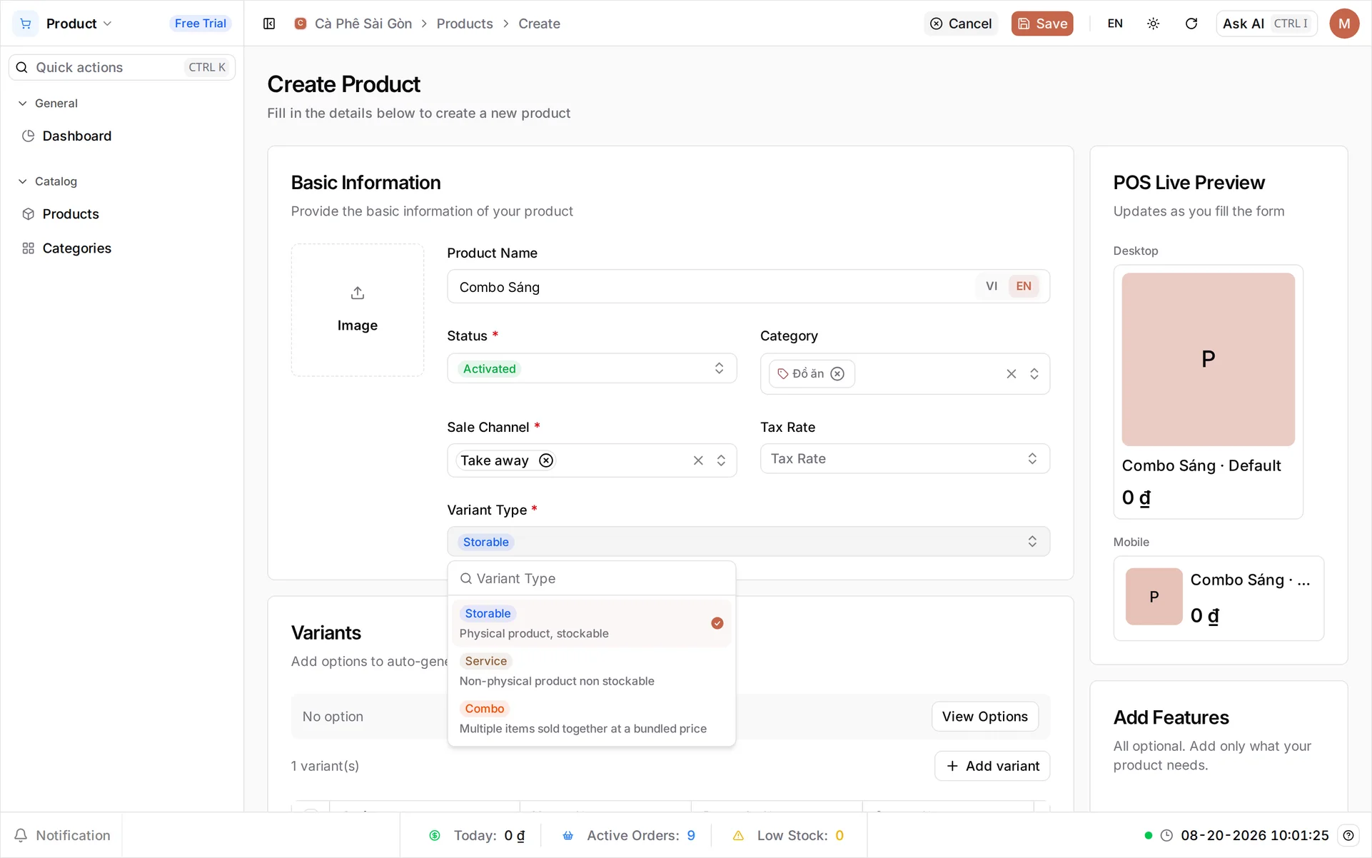 The Variant Type dropdown open on its three options, with the orange Combo badge highlighted above its description 'Multiple items sold together at a bundled price'