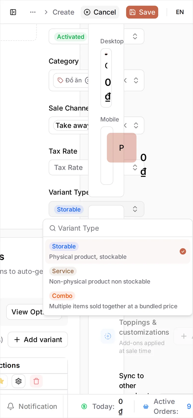 The open Variant Type dropdown at phone width with Combo about to be chosen