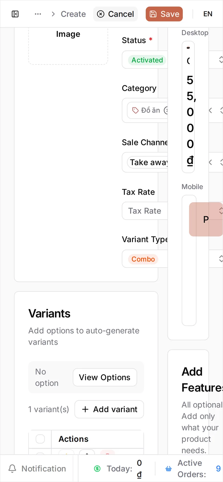 The same form at phone width: Variant Type reads Combo, the Variants section below it is clipped to its Actions column so the Selling Price cell is off-screen, and the overlapping POS Live Preview shows the new 55,000 đ one character per line