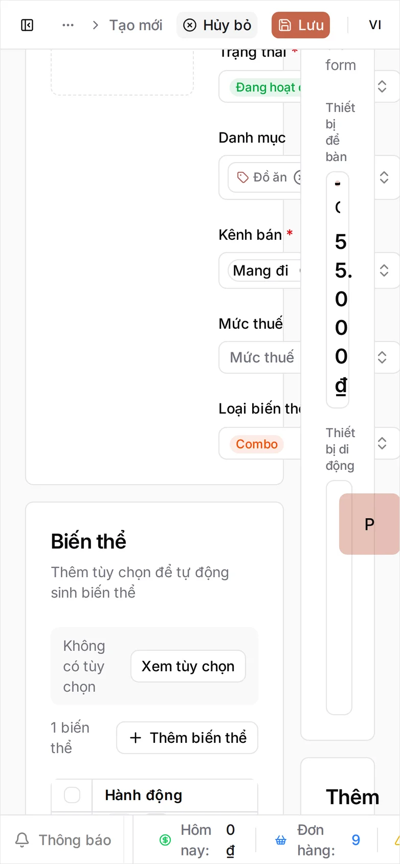 Vẫn trang đó ở khổ điện thoại: ô Loại biến thể ghi Combo, mục Biến thể bên dưới chỉ còn cột Hành động nên ô Giá bán nằm ngoài màn hình, và khung Xem trước trên POS đè lên hiển thị 55.000 đ mỗi ký tự một dòng