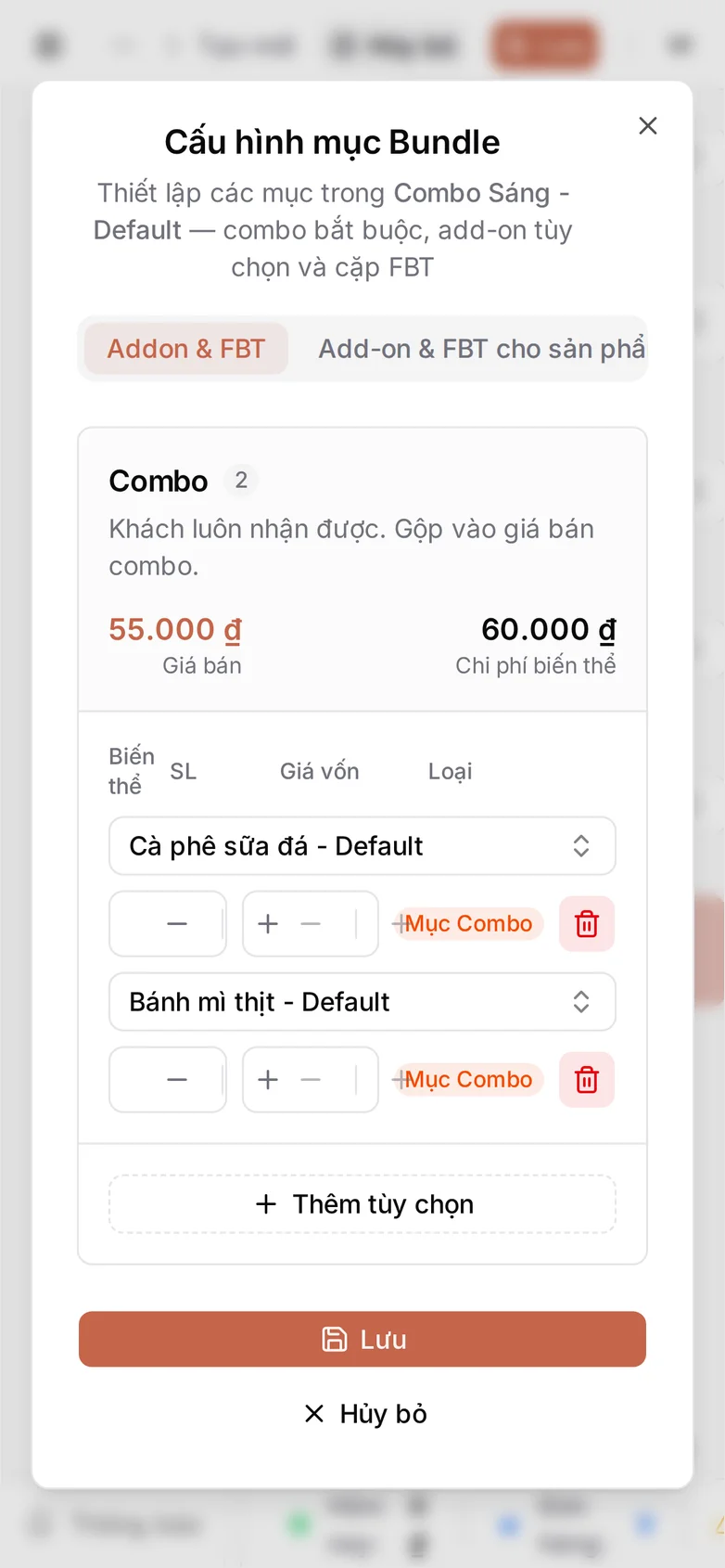 Hộp thoại Cấu hình mục Bundle ở khổ điện thoại: phần đầu mục Combo xuống dòng và mỗi dòng thành phần xếp ô chọn món lên trên ô số lượng và ô giá