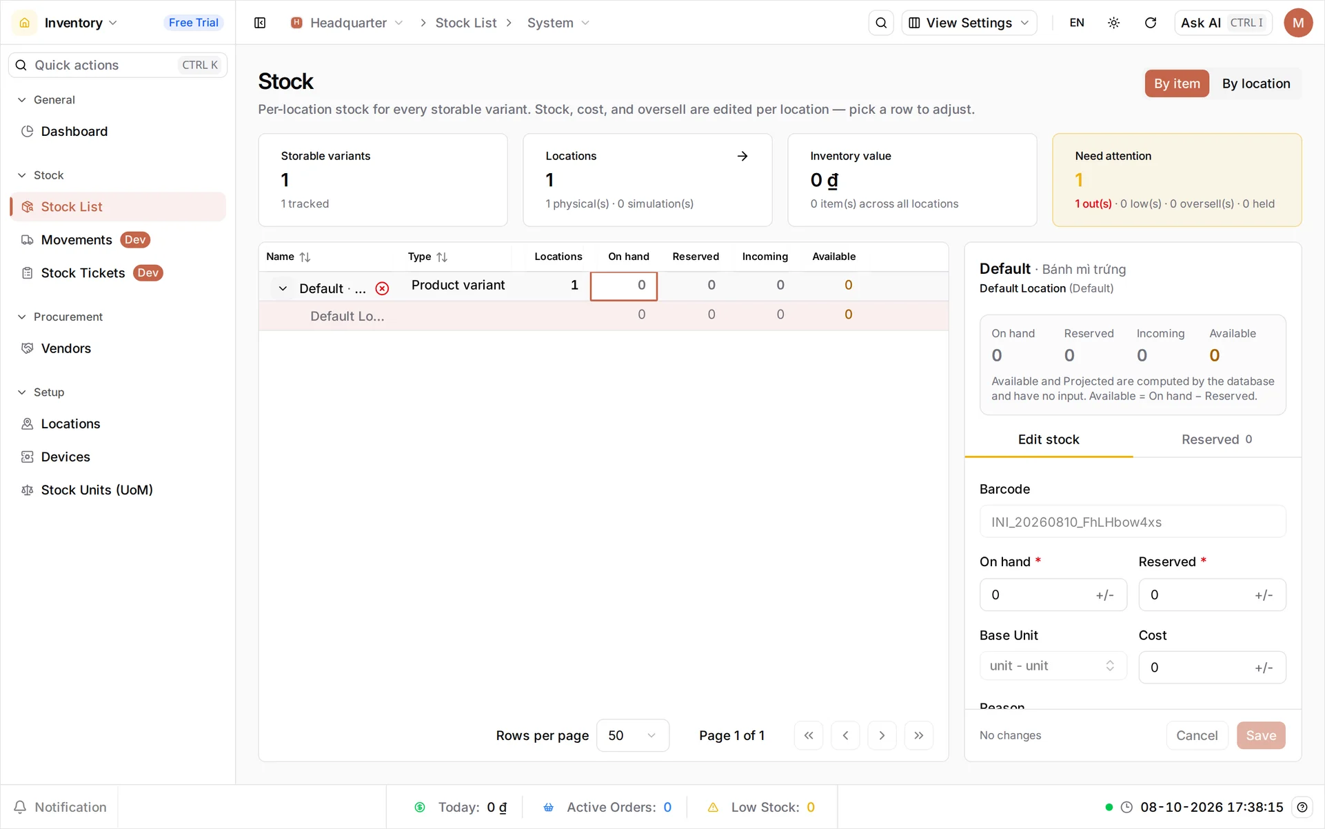 The Stock screen on By item, with Bánh mì trứng selected in the table showing On hand 0 and Available 0, and the Edit Stock panel open on the right headed with the item name above the location line Default Location (Default)