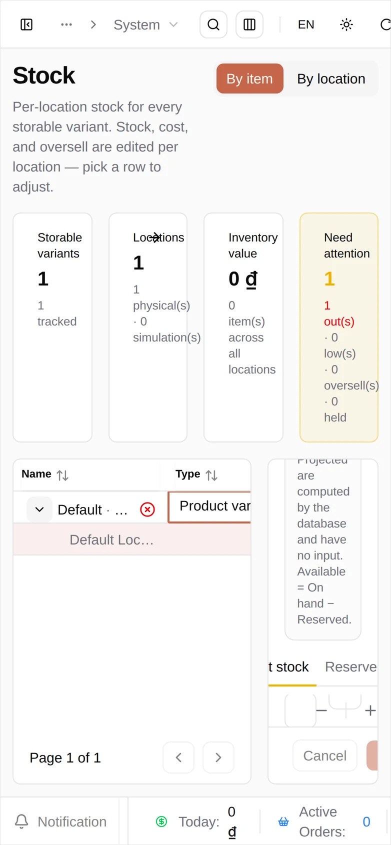 The Stock screen at phone width: it keeps its two-column layout, so the table is clipped to Name and Type and the editor panel is cut off beside it rather than stacking