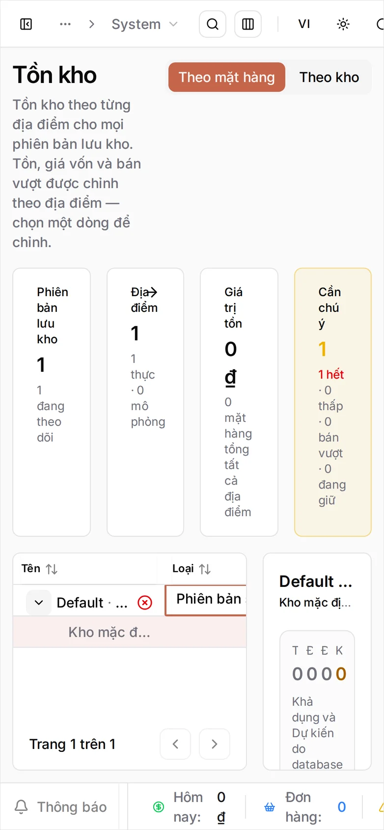 Bảng chỉnh trên điện thoại với tên mặt hàng và dòng Kho mặc định (Mặc định)