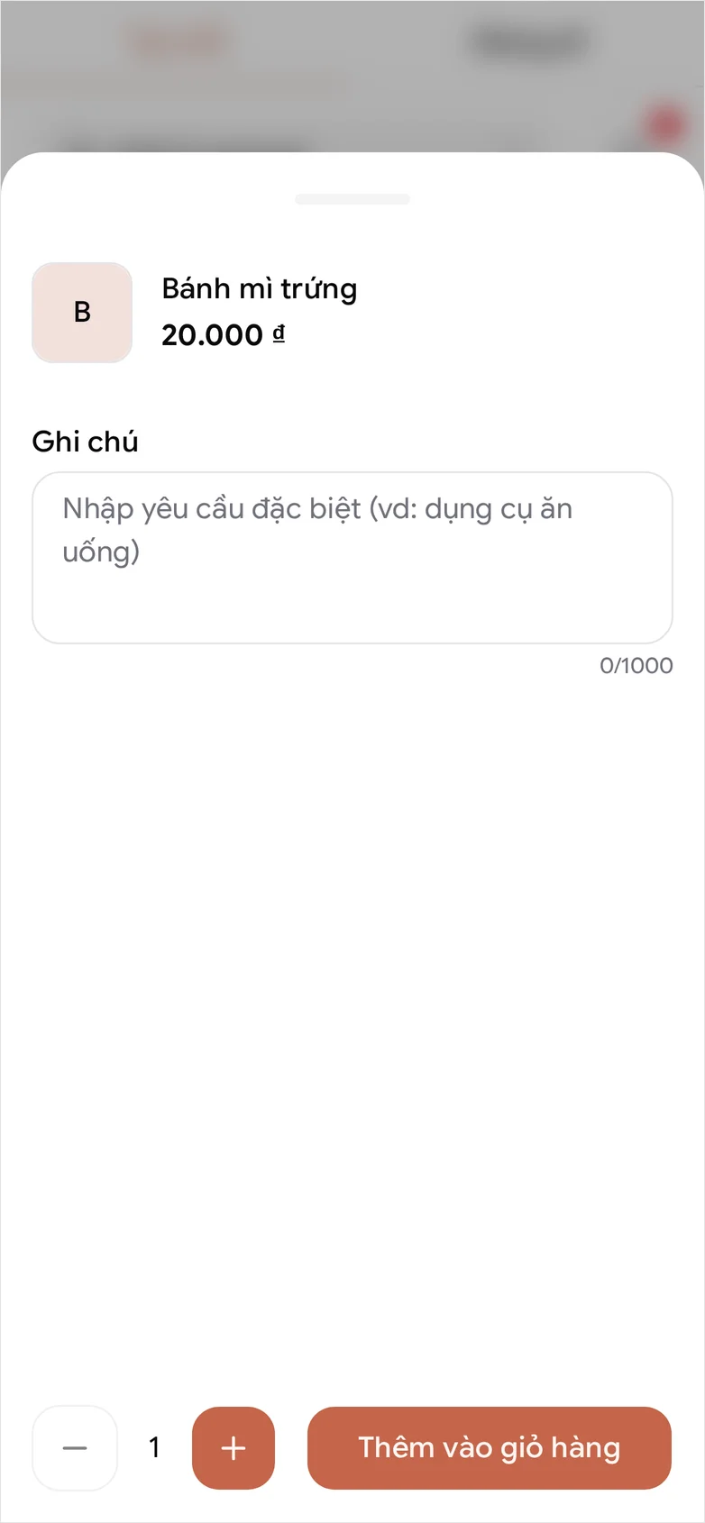 The POS at phone width with Bánh mì trứng in the cart at 20,000 ₫