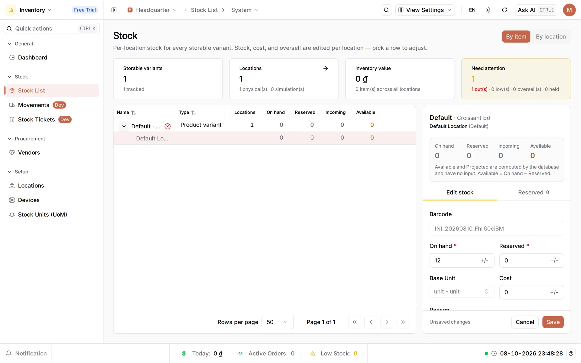 The Edit Stock panel with On hand set to 12, the Allow oversell switch below it described as 'Continue selling when stock reaches 0 at this location', a Reason field, and the Save button