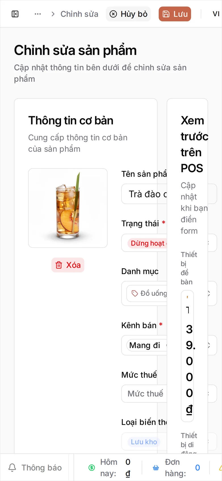 Biểu mẫu chỉnh sửa sản phẩm Trà đào cam sả với Trạng thái đặt là Dừng hoạt động
