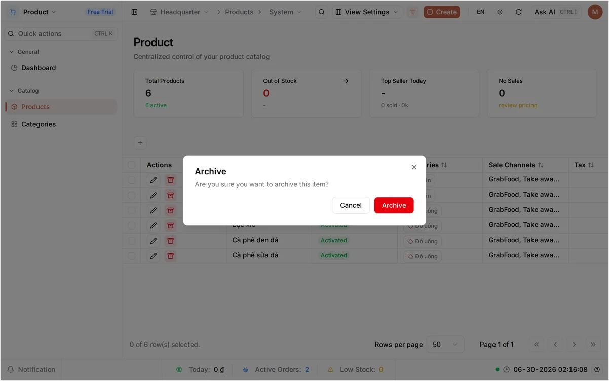 The Archive confirmation dialog — 'Are you sure you want to archive this item?' — with Cancel and Archive buttons, over the product list