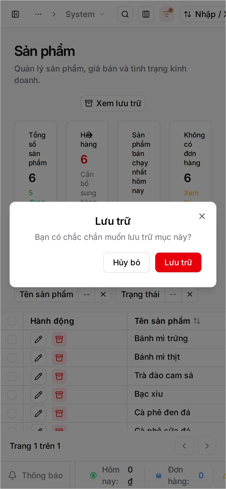 Hộp thoại xác nhận Lưu trữ với nút Hủy và Lưu trữ, hiện phía trên danh sách sản phẩm