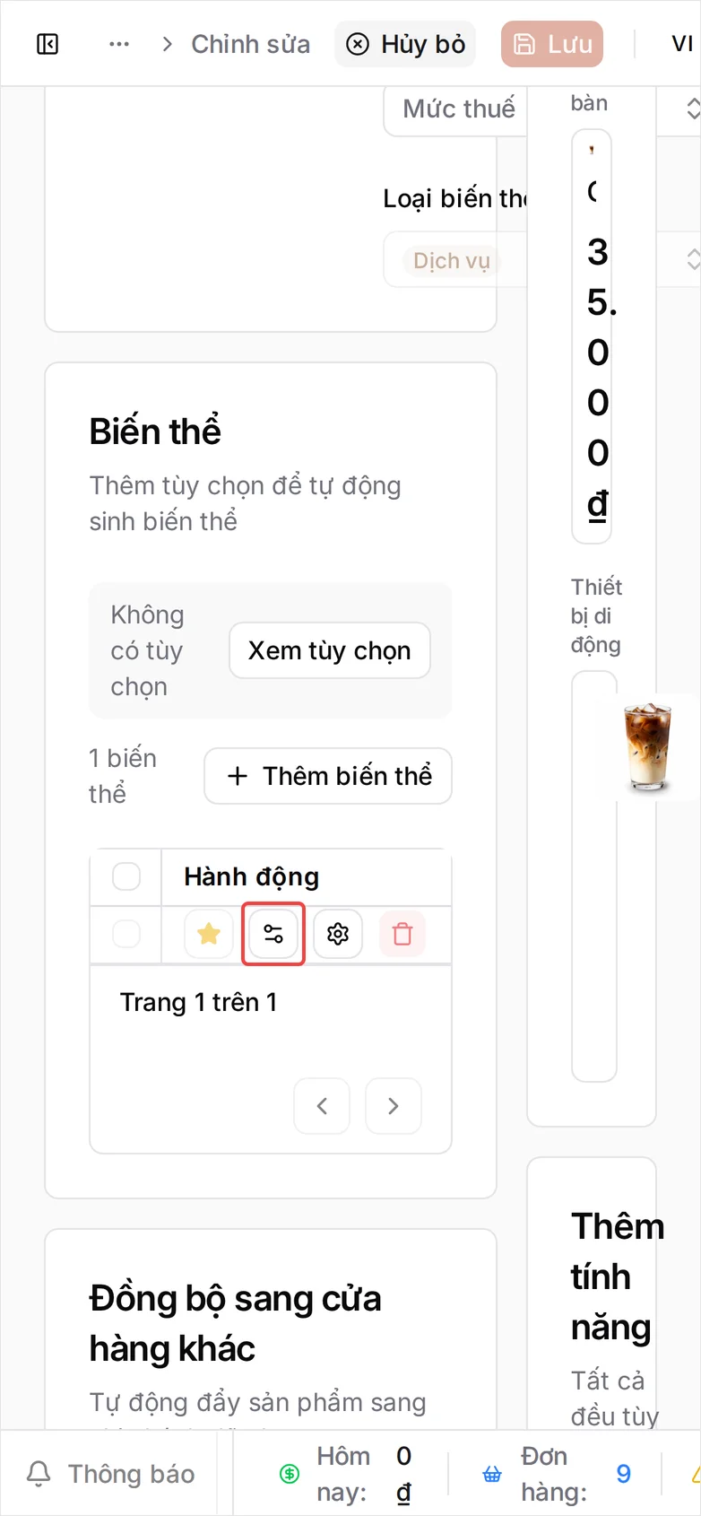 Bảng biến thể của Cà phê sữa đá với một dòng Default, giá bán 35.000 đ, và thao tác Quản lý giá được làm nổi bật