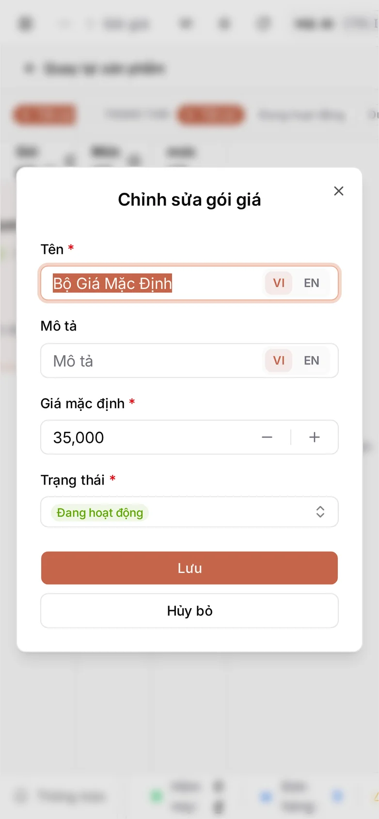 Hộp thoại Chỉnh sửa gói giá Bộ Giá Mặc Định với Giá mặc định 35.000 và trạng thái Đang hoạt động