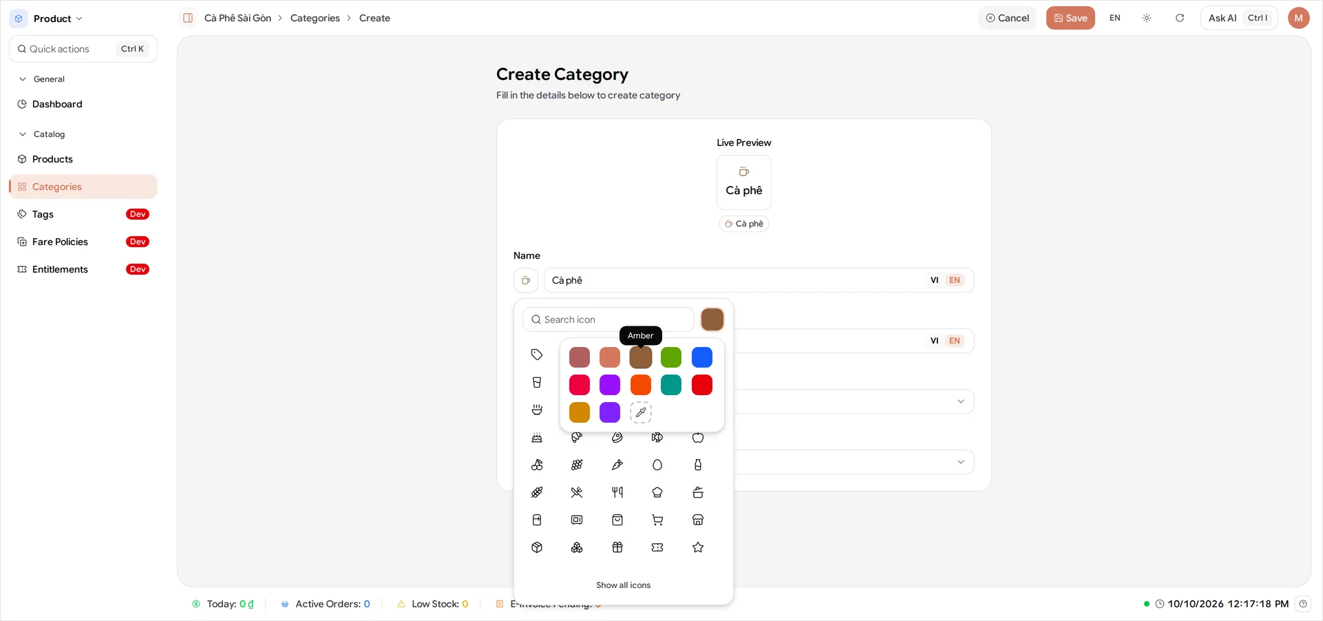 The Create Category form for Cà phê: Live Preview at the top showing the name beside an amber coffee cup, the Name field carrying that same icon on the button at its start, and the picker open below - a Search icon field, the amber colour swatch beside it, and the open palette of unlabelled colour squares with a tooltip reading Amber, sitting over the grid of suggested drink and food icons