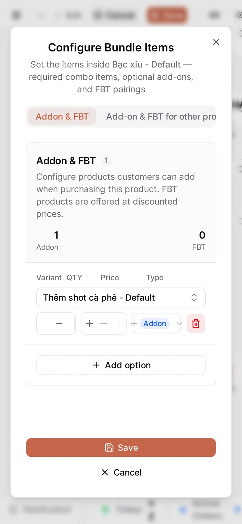 The add-on row at phone width, its item picker stacked above the quantity and greyed-out price fields