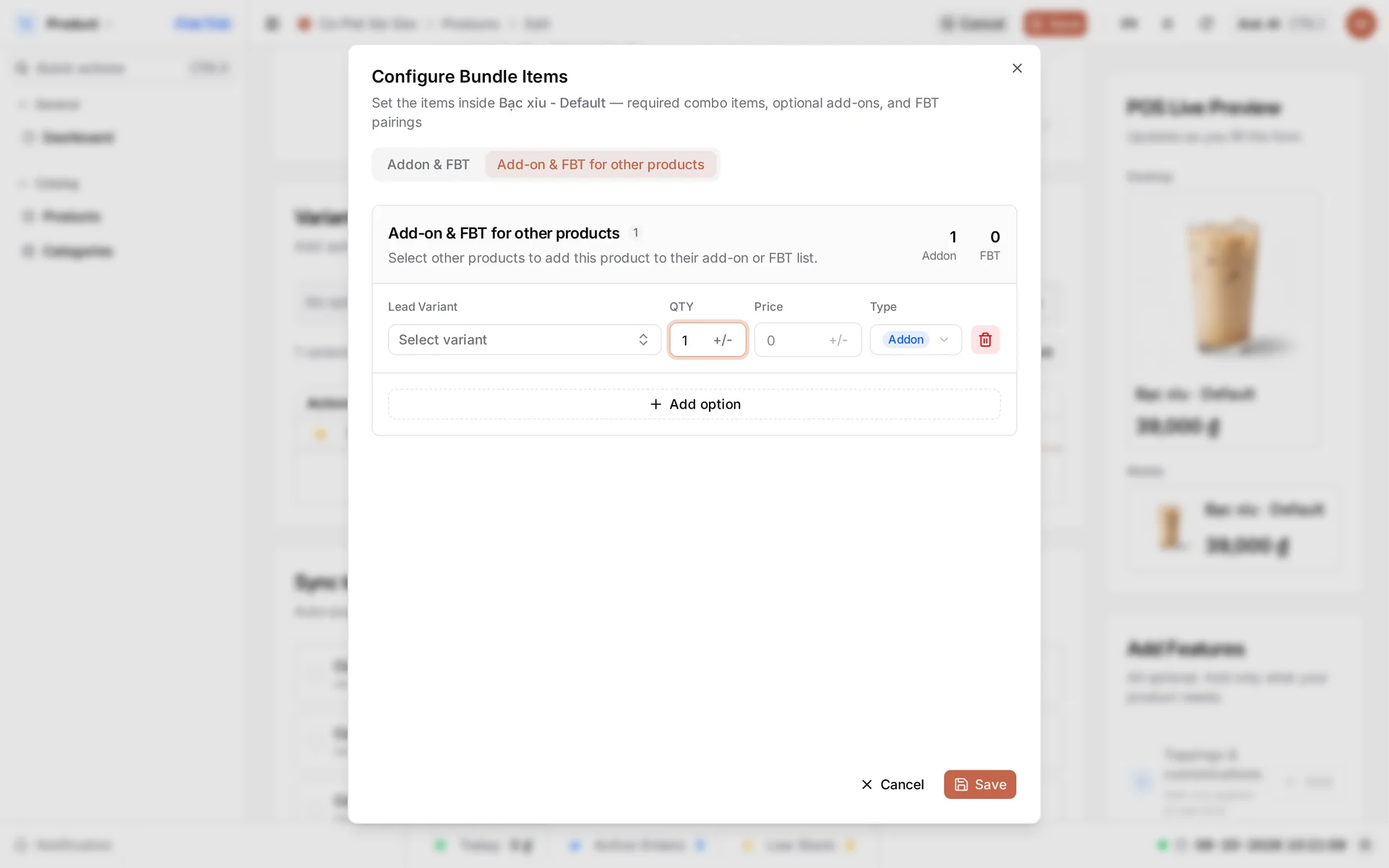 The 'Add-on & FBT for other products' tab, described as 'Select other products to add this product to their add-on or FBT list.', with one row carrying a Lead Product Variant picker, a quantity field, a price field and an Addon/FBT type selector