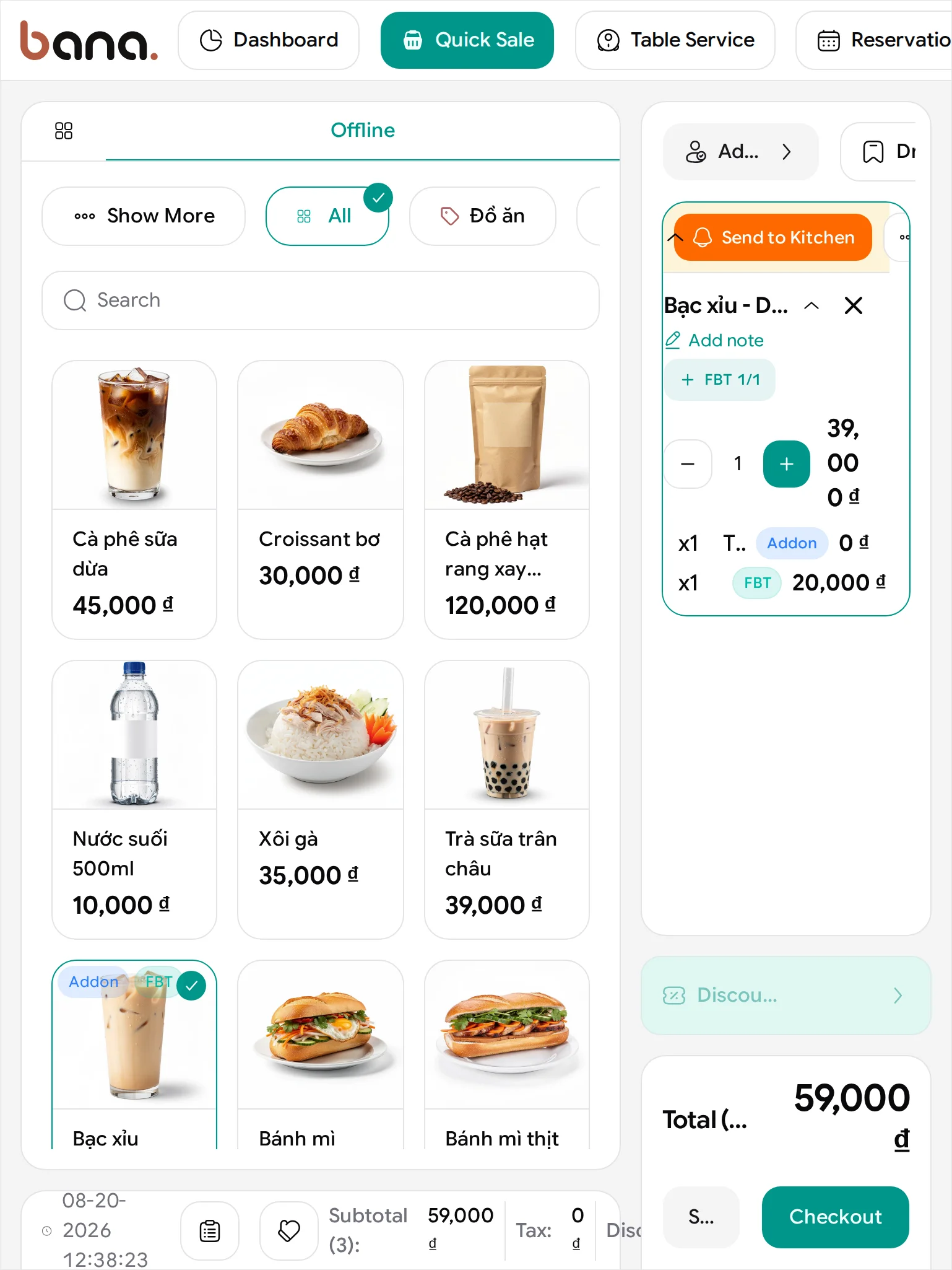 The same cart at tablet width: the order panel is narrow enough to clip the names to 'Bạc xỉu - D…' and 'T…', but both indented rows still show their Addon and FBT badges at 0 đ and 20,000 đ