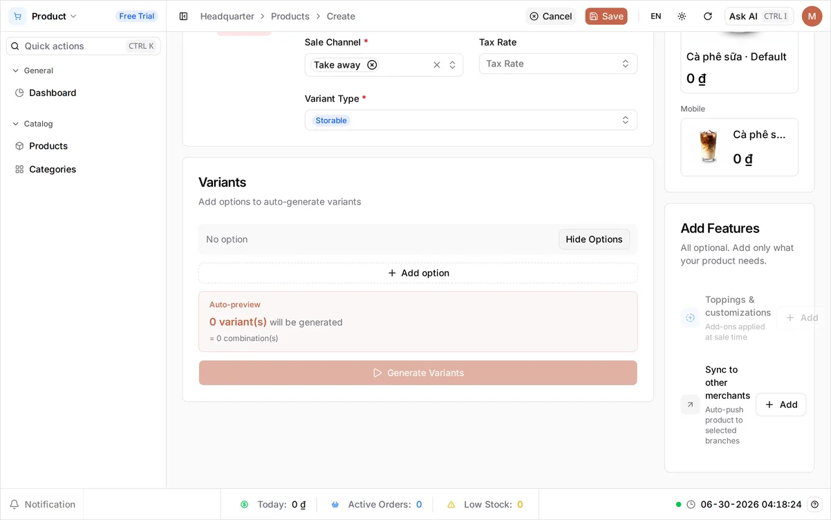 The Variants section of the Create Product form, empty, with the prompt 'Add options to auto-generate variants' and an Add option button