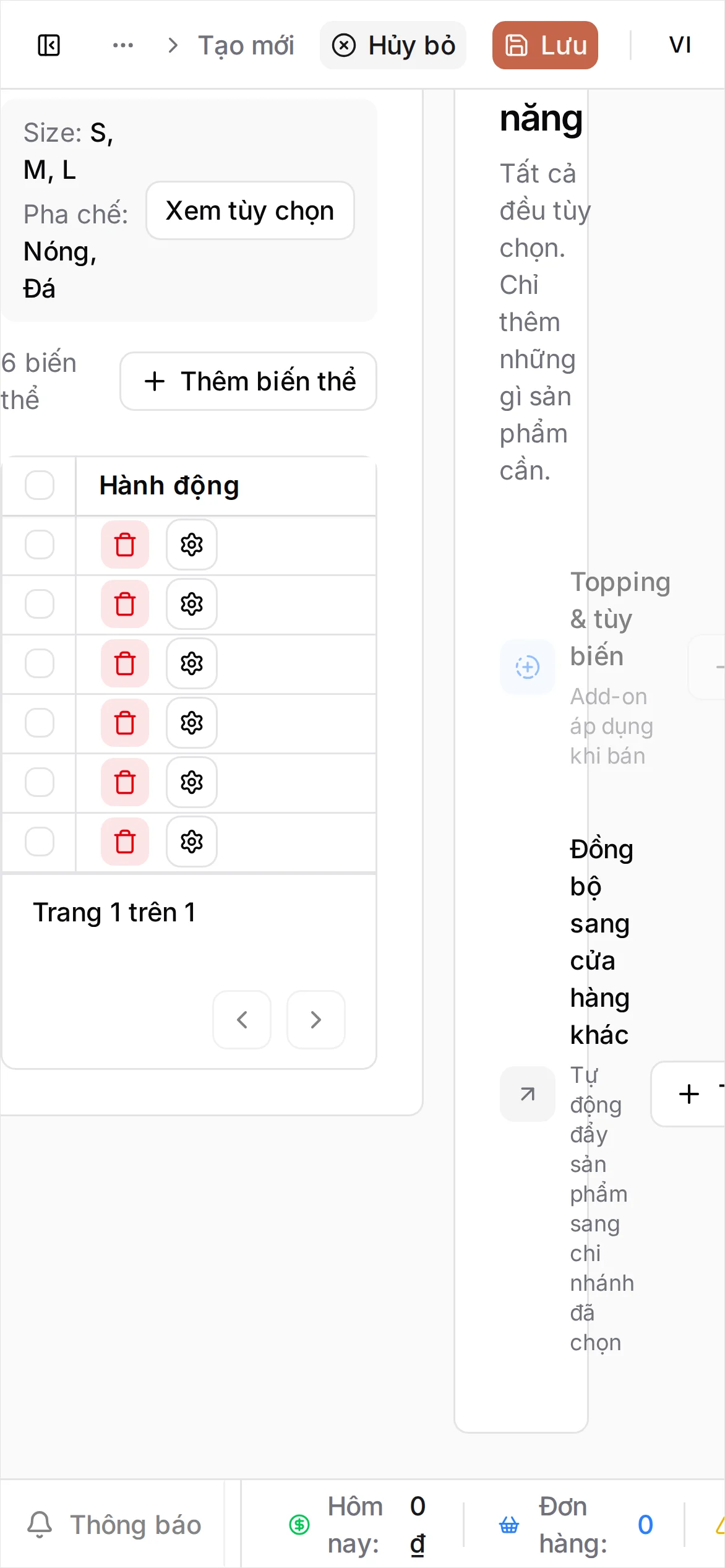 Bảng biến thể sau khi tạo, hiển thị sáu dòng — mỗi dòng một kết hợp cỡ và cách pha — với ô Giá bán còn trống