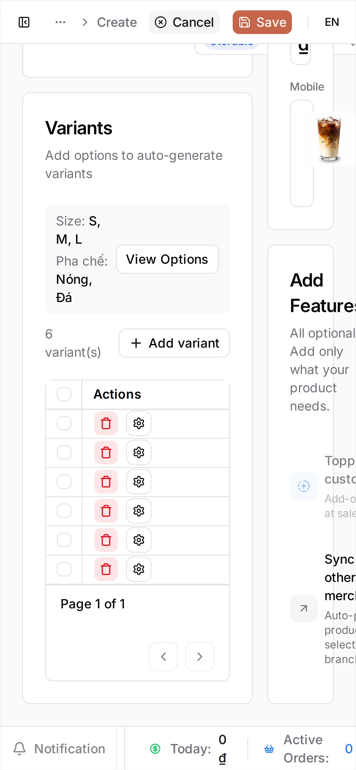 The Status dropdown open on the L · Nóng variant row, showing Draft, Activated, Deactivated, and Archive, with Deactivated about to be chosen