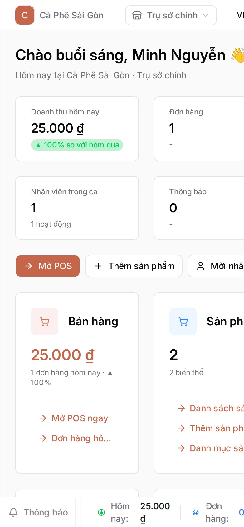 Bảng điều khiển BANA của Cà Phê Sài Gòn với thẻ Doanh thu hôm nay hiển thị số tiền thu được trong ngày và mức thay đổi so với hôm qua, bên cạnh các thẻ Đơn hàng, Nhân viên, Cảnh báo